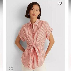Lauren Ralph Lauren Black Label Red‎ Striped Linen Tie Waist Top